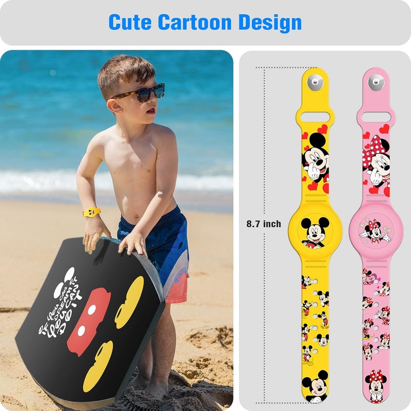 ZHOC Waterproof AirTag Bracelet for Kids [2 Pack], Cute Cartoon Airtag Holder for Kids with Full Coverage Hidden Design, Silicone Airtag Wristband for Child, Healthy Material Pink + Yellow - Image 2